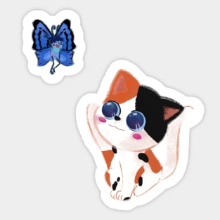 little cat and butterfly Sticker